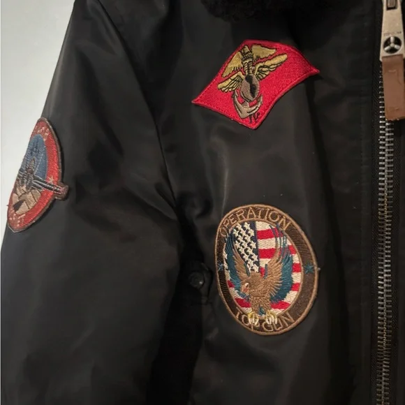 Top gun Black Bomber Jacket with Patches - Picture 6 of 12